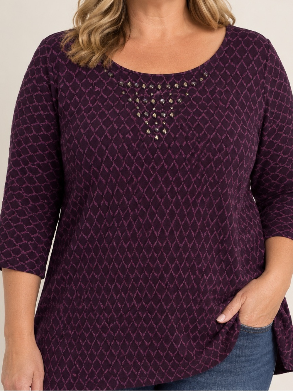 Eci Purple & Black Embellished 3/4 Sleeve Top | Size Large